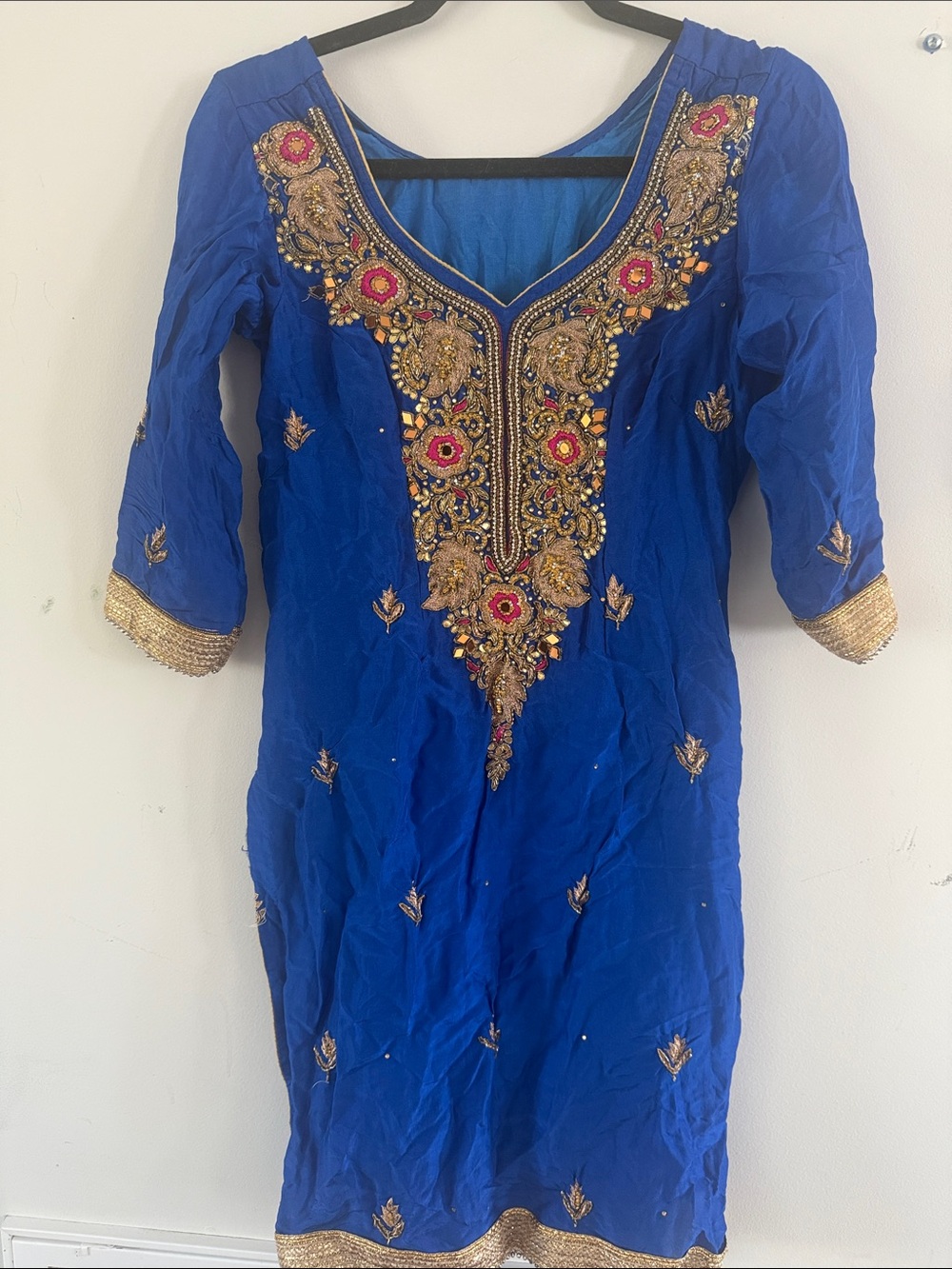 Embellished Royal Blue Ethnic Tunic with Gold & Pink Accents